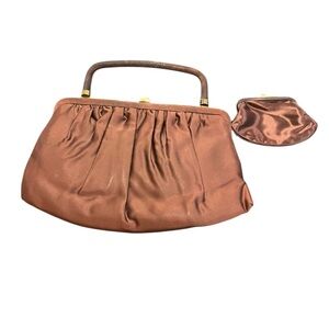 Brown satin vintage clutch purse evening bag attached coin purse